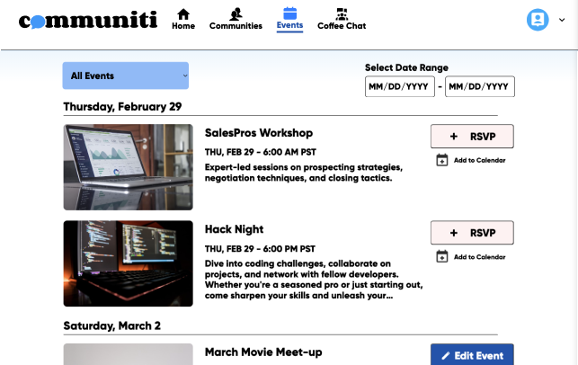 List of events grouped by date